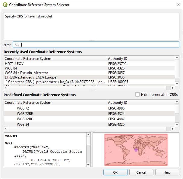 QGIS - Vetületi rendszer választása egy nyers, vetületi információ nélküli vektoros állomány megnyitásakor