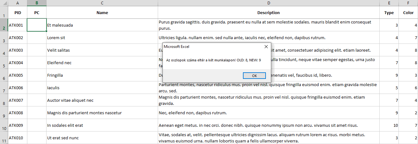 Excel makró - Két adattábla összehasonlítása: oszlopok száma eltér