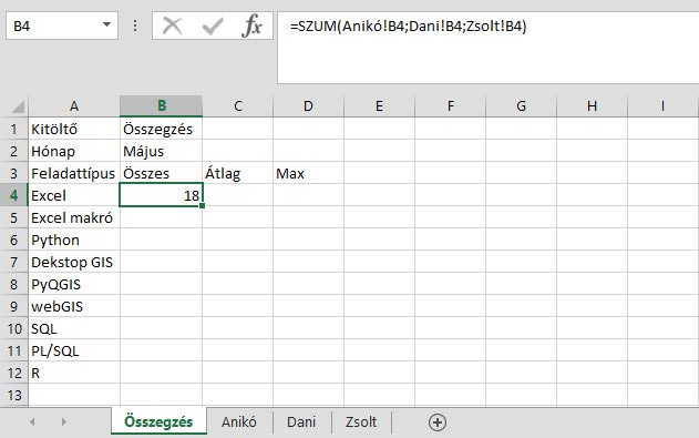 Excel - Műveletek munkalapok azonos celláival - Cellák egyesével kijelölve
