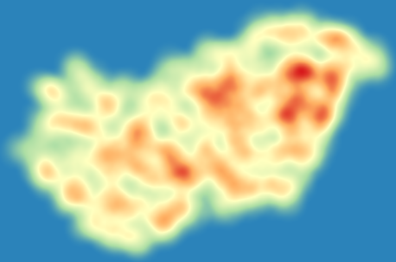 QGIS - Heatmap vizualizáció a beállítások után közvetlenül