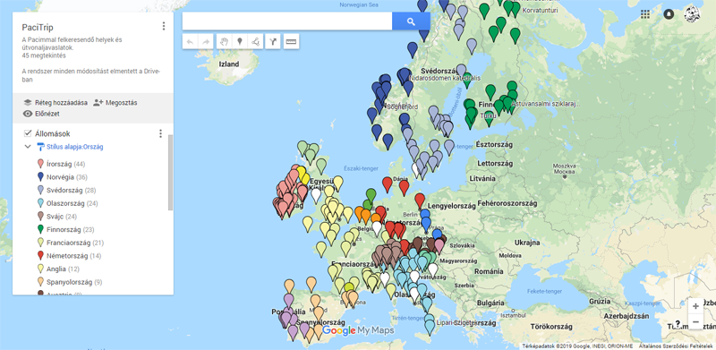 PaciTrip - Pontszerű jelölők az érdekes helyekről a Google My Maps térképen