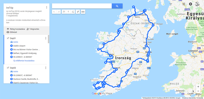 PaciTrip - Az IreTrip útvonal szakaszai egy Google My Maps térképen