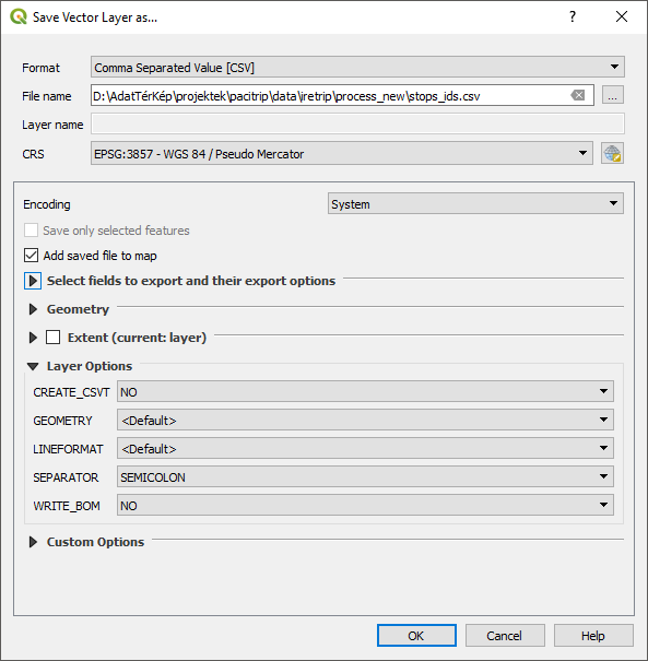 PaciTrip - QGIS attribútum tábla exportálása CSV formátumba